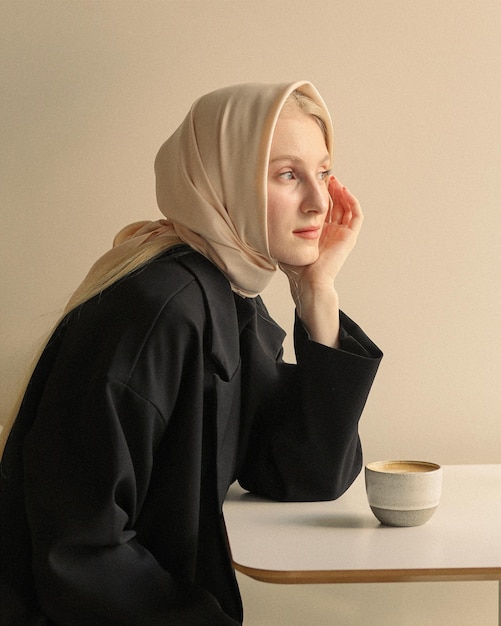 A woman sits at a table with a cup of coffee.