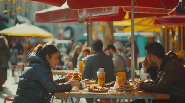 Photo a woman sits at a table with a drink and a man eating food