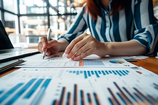 a woman sits at a table with a graph and charts in the background