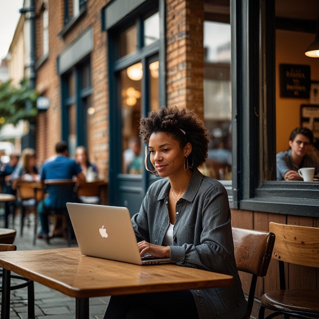 a woman sits at a table with a laptop in front of a coffee shop