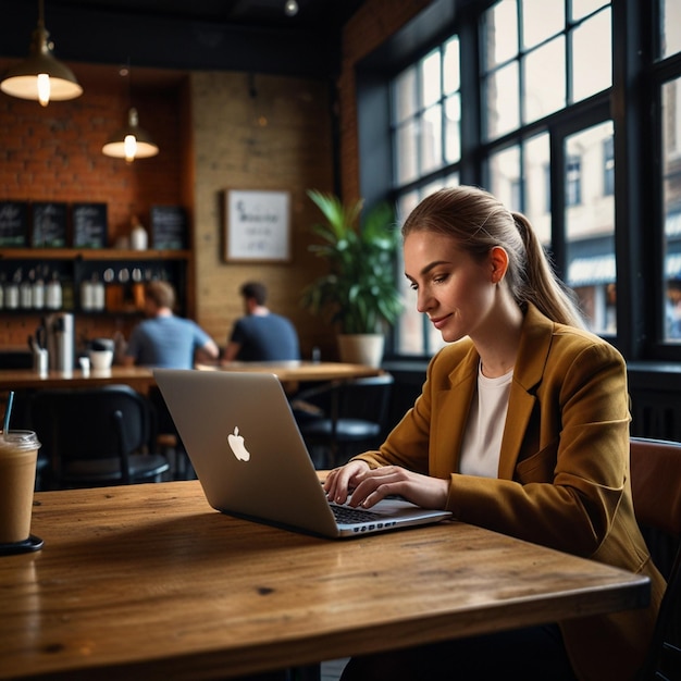 a woman sits at a table with a laptop in front of her