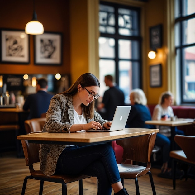 a woman sits at a table with a laptop in front of her