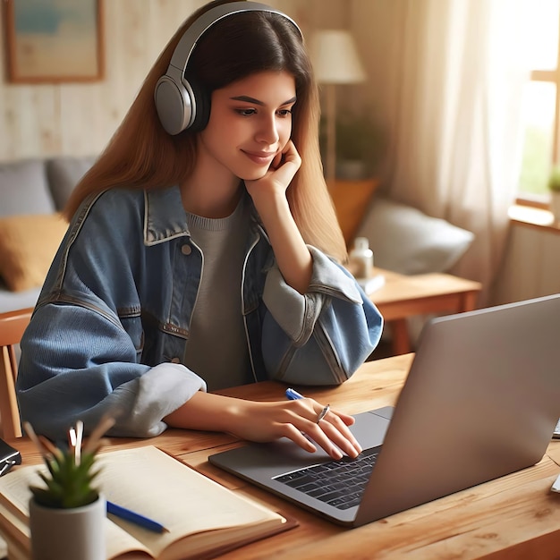 a woman sits at a table with a laptop and headphones on her head