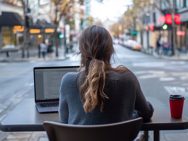 Photo a woman sits at a table with a laptop on her lap