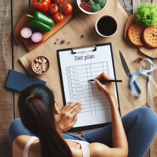 Photo a woman sits on a table with a list of foods including one that says quot diet plan quot