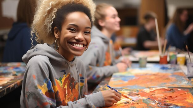 A woman sits at a table with a painting placed on it