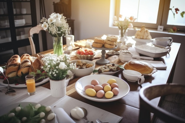 A woman sits at a table with a plate of eggs and bread.