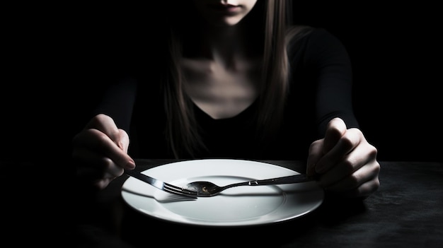 A woman sits at a table with a plate and fork in front of her.