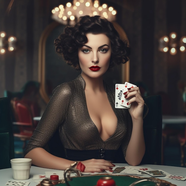 A woman sits at a table with a poker card in front of her.