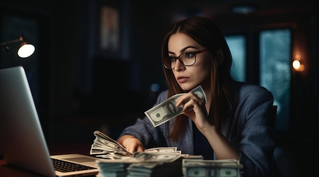 A woman sits at a table with stacks of money in front of her.