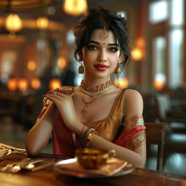 a woman sits at a table with a tea cup and a plate of food