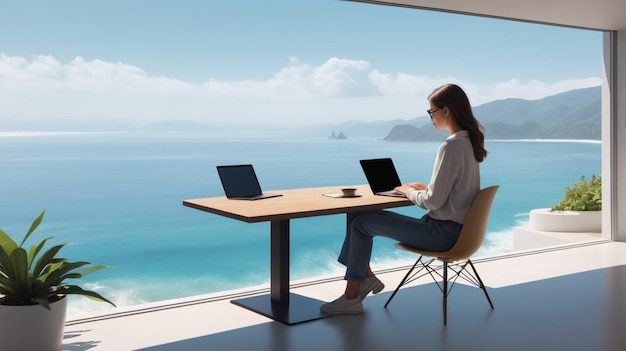 a woman sits at a table with two laptops and a view of the ocean