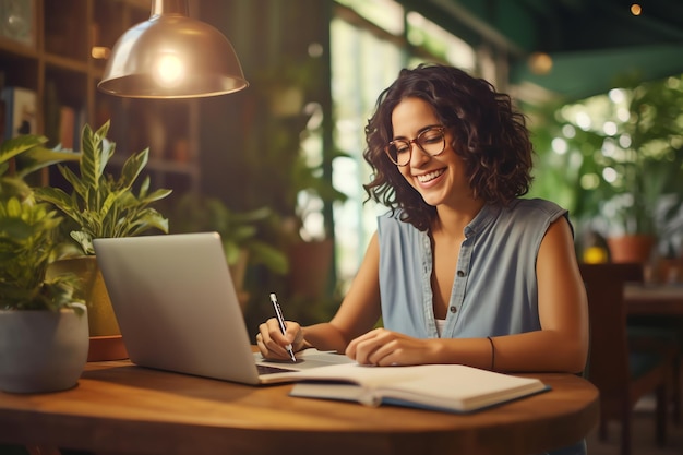 A woman sits at a table and writes on a laptop.