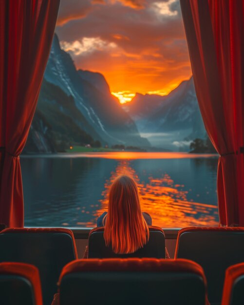 Woman sits in theater looking at stunning mountain landscape framed by red curtains