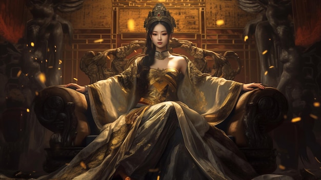 A woman sits on a throne in a golden room.