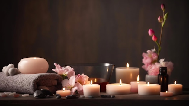 A woman sits on a towel next to a candle with pink flowers on it.