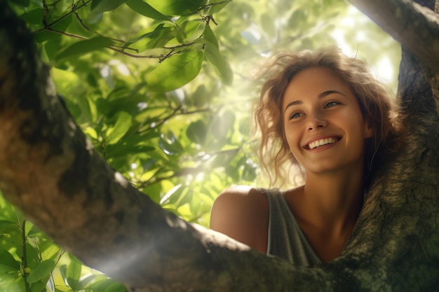 A woman sits in a tree and smiles at the camera.