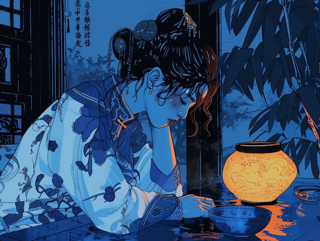 a woman sits next to a vase with a blue background