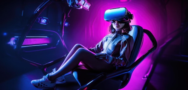 A woman sits in a vr chair with a pink background.