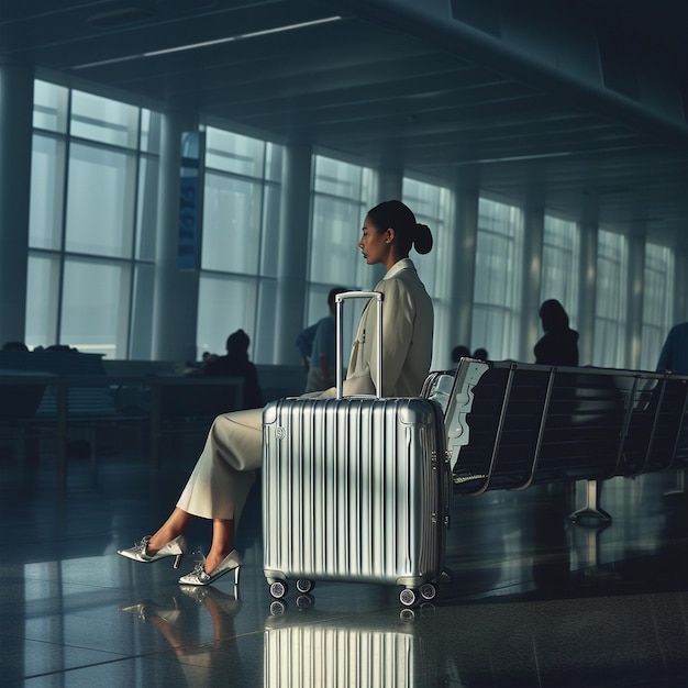 Photo a woman sits in a waiting area with a luggage cart in the background