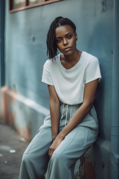 A woman sits on a wall in front of a blue wall.