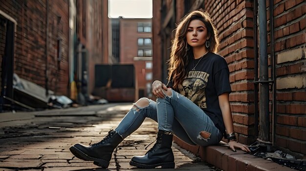 Photo a woman sits on a wall and looks at the camera