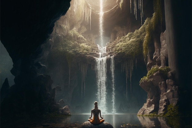 A woman sits under a waterfall in a lotus pose and meditates