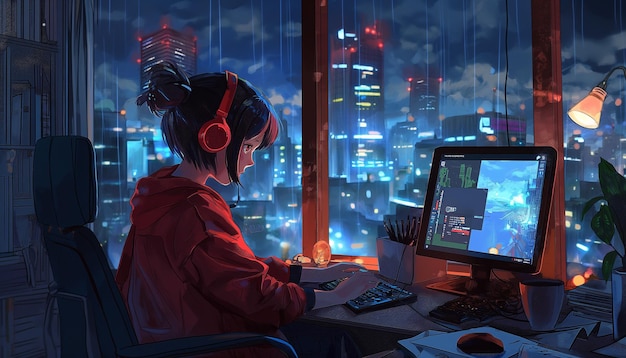 A Woman Sits In A Window With A Computer And A City In The Background