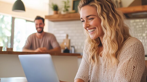 A woman sits with a laptop smiling as she engages in her work A man stands in the background sharing a joyful moment in a bright kitchen