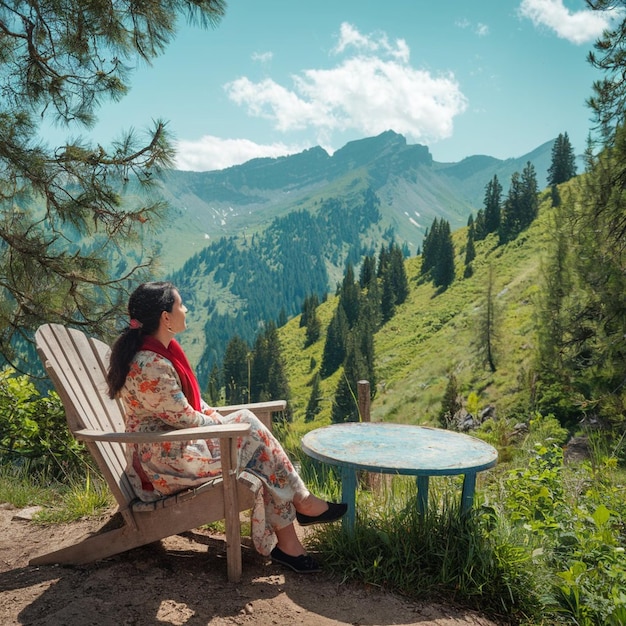 Photo a woman sits on a wooden bench in the mountains