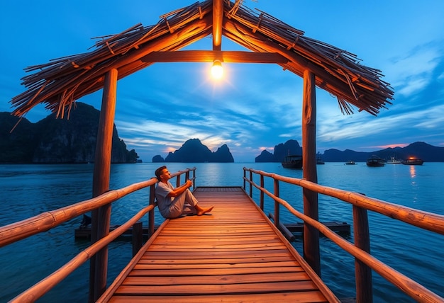 Photo a woman sits on a wooden bridge overlooking the ocean