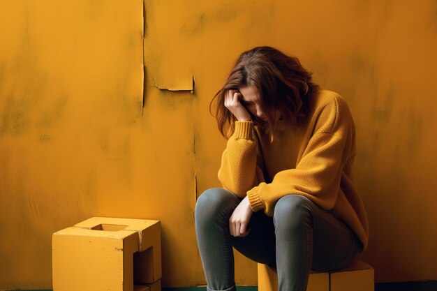 A woman sits in a yellow box with her head in her hand