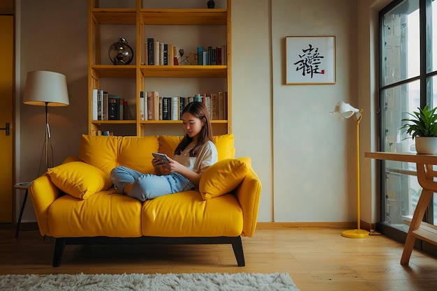 a woman sits on a yellow couch with a book in her hand