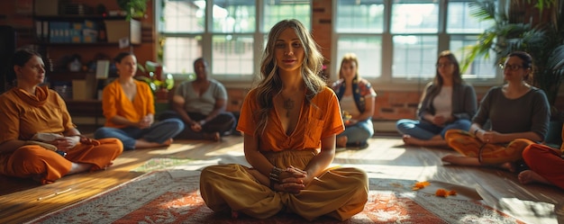 Photo a woman sits in a yoga mat with other people in the background