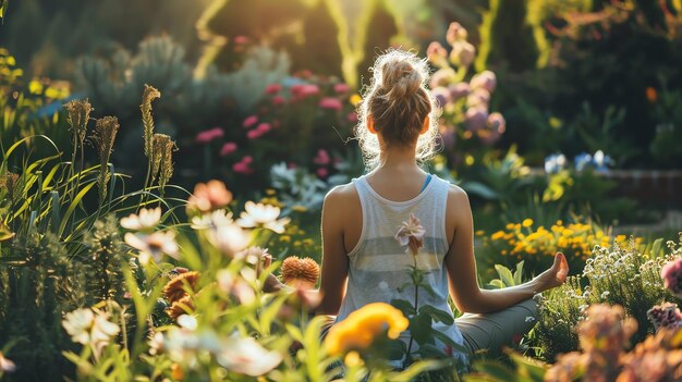 A woman sits in a yoga pose in a garden surrounded by colorful flowers