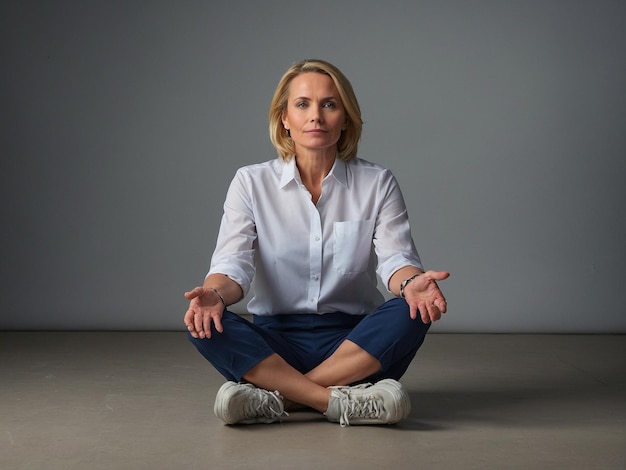 Photo a woman sits in a yoga pose with her hands in the air