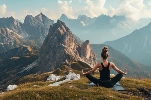 Photo a woman sits in a yoga position on top of a mountain practicing mindfulness and balance a woman practicing yoga in a peaceful mountain setting ai generated