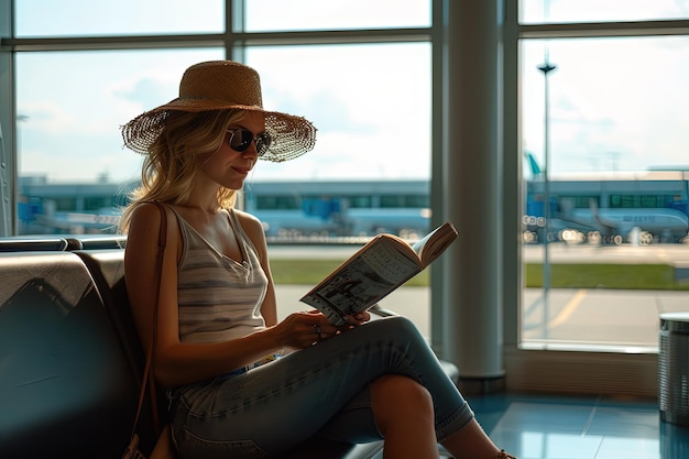 A woman sitting in an airport reading a book