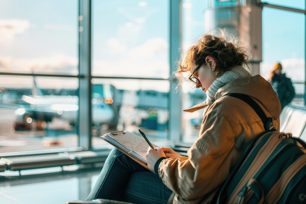 A woman sitting in an airport waiting for her flight