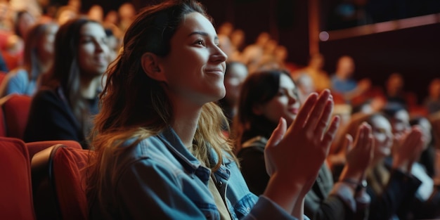 A woman sitting in the audience surrounded by people applauding