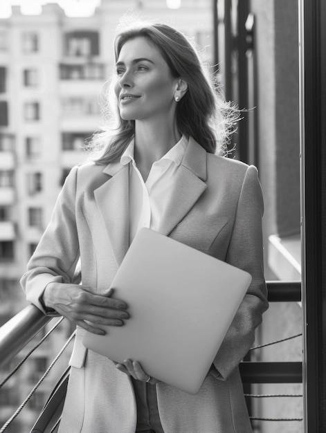 Photo a woman sitting on a balcony with a laptop possibly working or studying