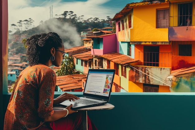 a woman sitting on a balcony with a laptop