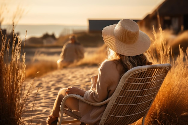 Woman sitting in a beach chair on a north coast with evening lights