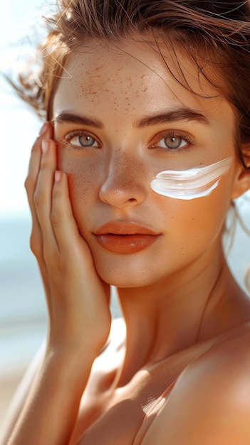 A woman sitting on the beach with cream applied on her face enjoying the sun and taking care of her