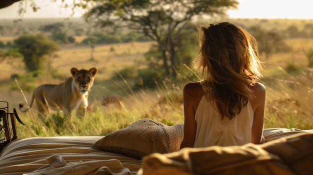 Woman Sitting on Bed Looking at Lion