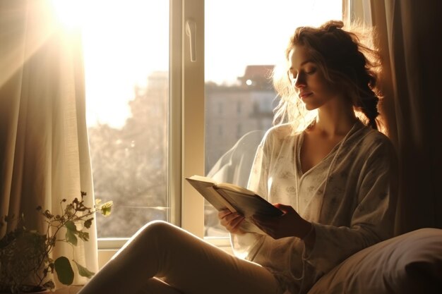 A woman sitting on a bed reading a book