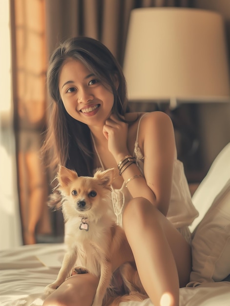 Woman Sitting on Bed With Small Dog