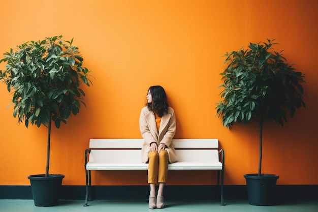 A woman sitting on a bench in front of an orange wall