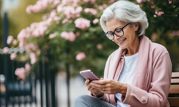 A woman sitting on a bench looking at her cell phone