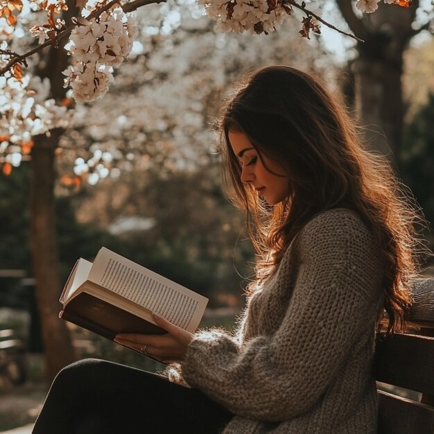 Photo a woman sitting on a bench outdoors reading a book with blooming nature around her